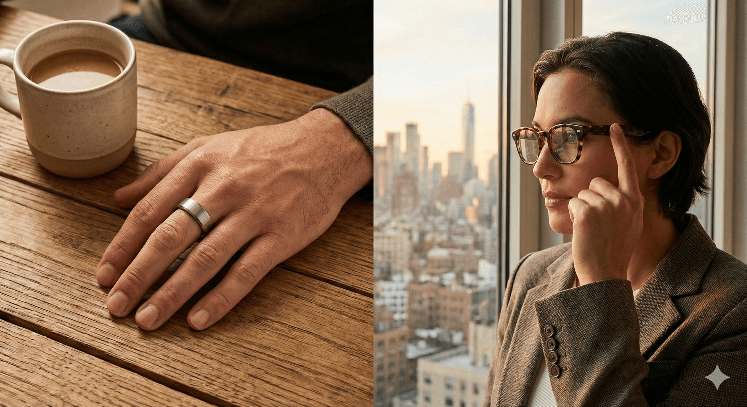 Split-screen comparison: A hand wearing a sleek titanium smart ring on a wooden desk vs a woman wearing modern smart glasses tapping the frame.