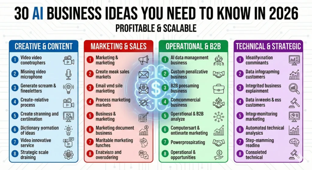 Infographic titled '30 AI Business Ideas You Need to Know in 2026: Profitable & Scalable'. It lists 30 startup ideas categorized into four columns: Creative & Content, Marketing & Sales, Operational & B2B, and Technical & Strategic, featuring a central brain and dollar sign icon.