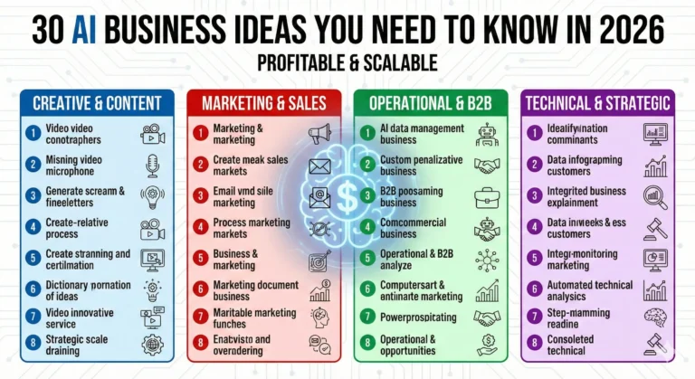 Infographic titled '30 AI Business Ideas You Need to Know in 2026: Profitable & Scalable'. It lists 30 startup ideas categorized into four columns: Creative & Content, Marketing & Sales, Operational & B2B, and Technical & Strategic, featuring a central brain and dollar sign icon.