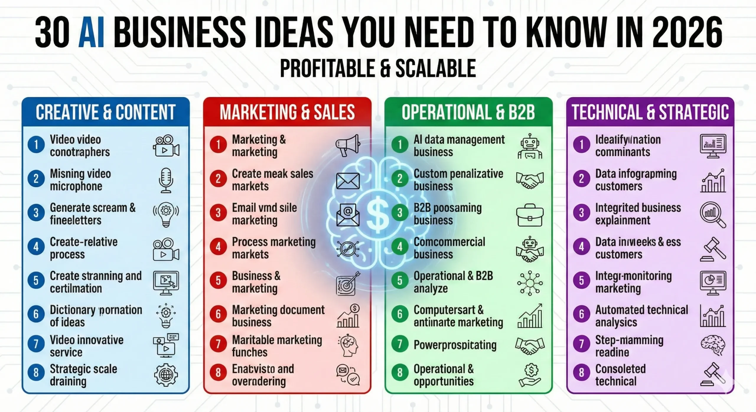 Infographic titled '30 AI Business Ideas You Need to Know in 2026: Profitable & Scalable'. It lists 30 startup ideas categorized into four columns: Creative & Content, Marketing & Sales, Operational & B2B, and Technical & Strategic, featuring a central brain and dollar sign icon.