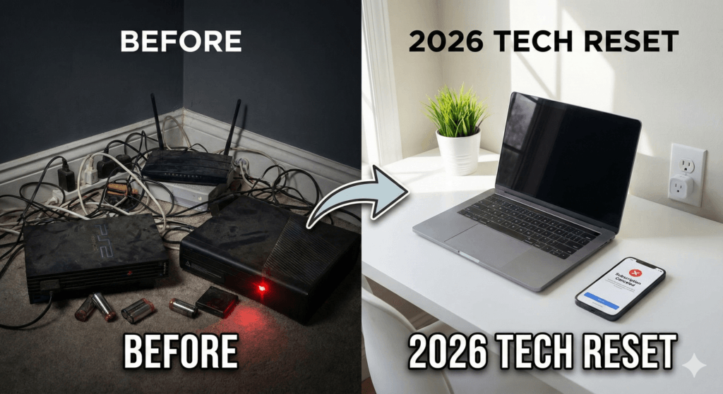 2026 tech reset guide showing messy cables versus a clean organized desk