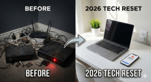 2026 tech reset guide showing messy cables versus a clean organized desk