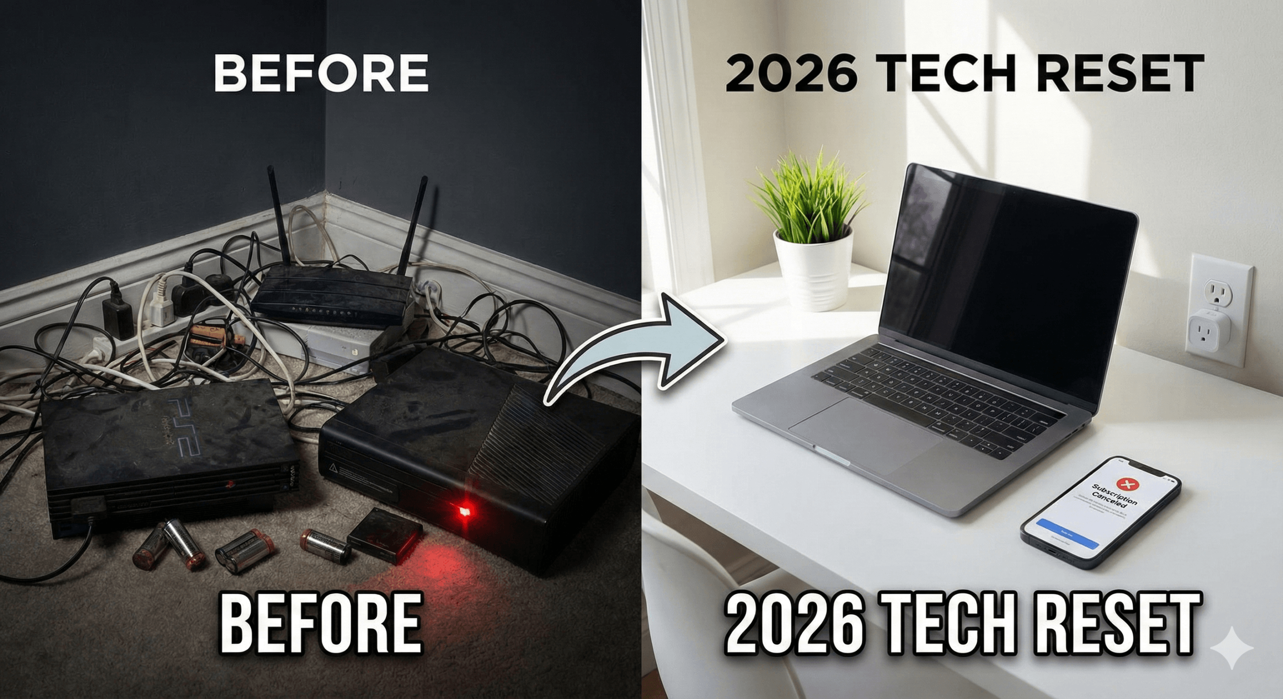 2026 tech reset guide showing messy cables versus a clean organized desk