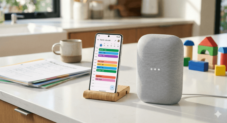 A smartphone displaying a color-coded family calendar app sitting on a clean kitchen counter next to a smart speaker and organized school papers, representing the best AI family organizer apps of 2026.