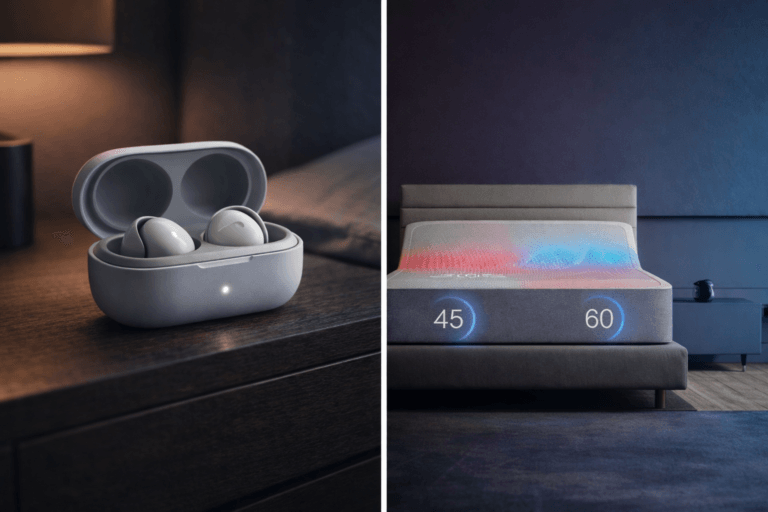 Best Sleep Tech CES 2026 featuring smart sleep earbuds and a temperature-controlled smart bed