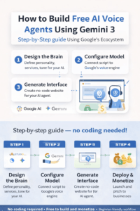 A flat-lay photograph of a modern desk setup illustrating the workflow for building free AI voice agents with Gemini, featuring a laptop displaying the Gemini logo, a notebook with "AI VOICE AGENTS" notes, and a pen, representing the four steps outlined in the guide.