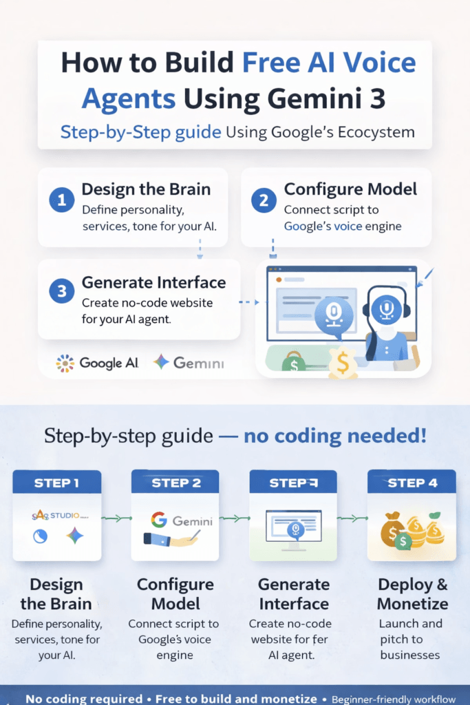 A flat-lay photograph of a modern desk setup illustrating the workflow for building free AI voice agents with Gemini, featuring a laptop displaying the Gemini logo, a notebook with "AI VOICE AGENTS" notes, and a pen, representing the four steps outlined in the guide.