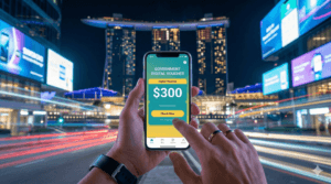 Hand holding a smartphone displaying the 2026 Singapore CDC Voucher digital claim interface, set against a futuristic night view of the Singapore skyline.