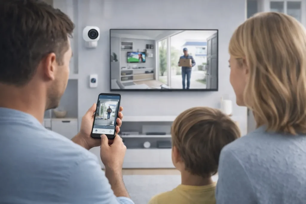 AI home security for families monitoring their smart home using a smartphone app with real-time alerts