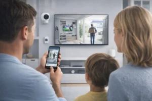 AI home security for families monitoring their smart home using a smartphone app with real-time alerts