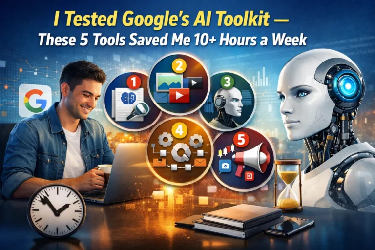 Google AI Toolkit showing five AI tools that help professionals save over 10 hours every week using automation and smart workflows