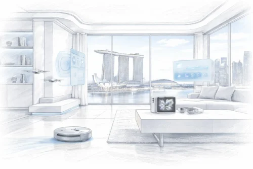 Pencil-style illustration of a modern smart home with AI devices and Singapore skyline, representing practical technology for everyday life