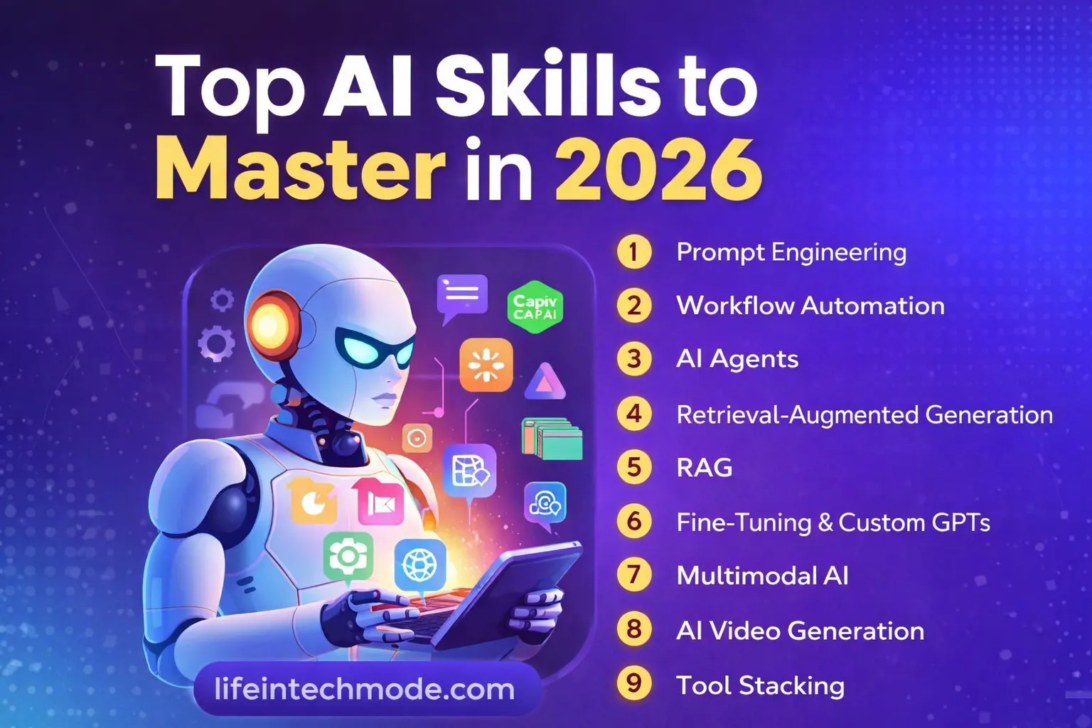 Top AI Skills to Master in 2026 infographic showing prompt engineering, AI agents and automation